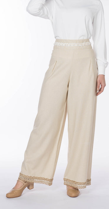 Floral Linen Pant-Beige