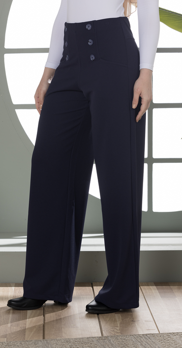 High-Waist Wide-Leg Pants- Double row of decorative buttons