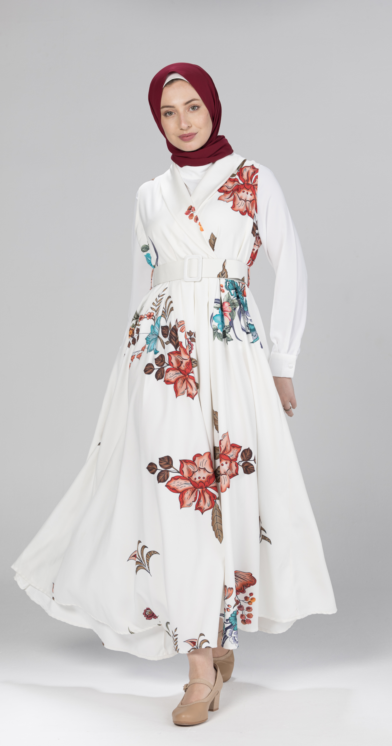 Sleeveless Floral Belted Maxi Dress-White