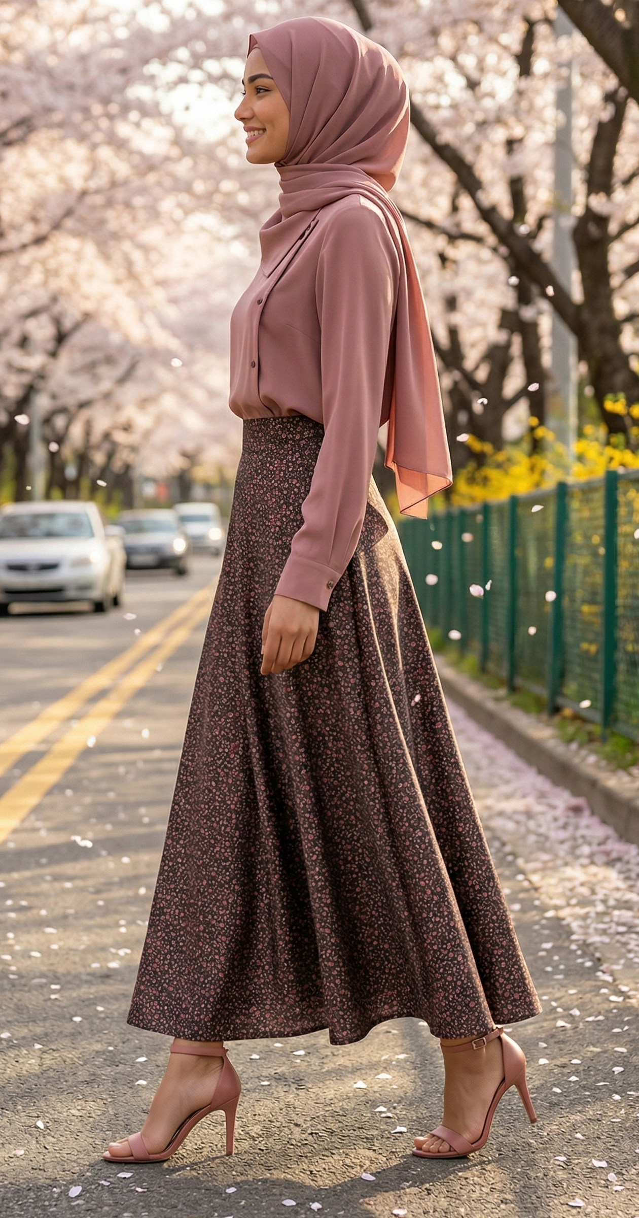 Rose flowers Flare Skirt (Crepe Satin)