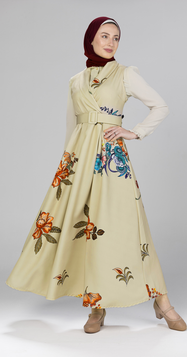 Sleeveless Floral Belted Maxi Dress-Beige