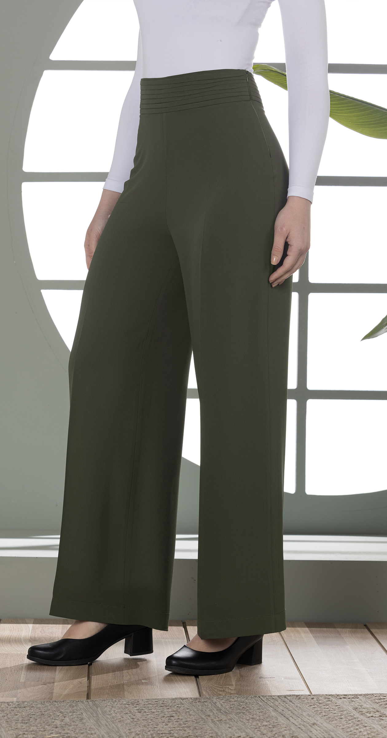 Olive Green High-Waist Wide-Leg Pants Dobamagi Olive Green High-Waist Wide-Leg Pants Dobamagi