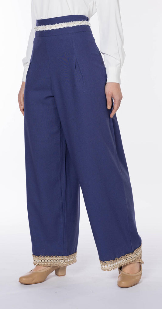 Floral Linen Pant-Blue