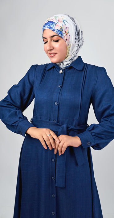 Linen dress with ruffles-Navy Blue