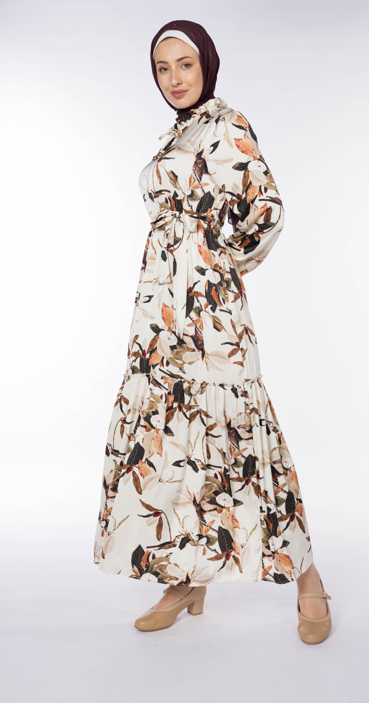 Satin Floral Ruffle Maxi Dress