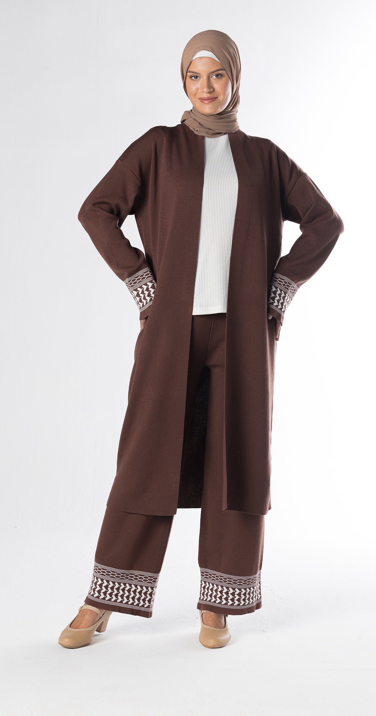 Brown Lazy Suit Long Cardigan + Wide-leg Pants/One Size