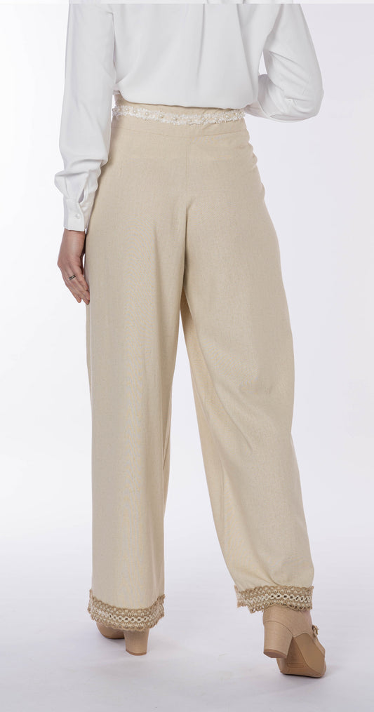 Floral Linen Pant-Beige