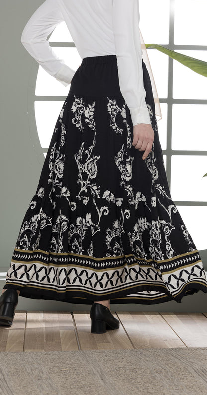 Boho-Chic Printed Maxi Skirt Black