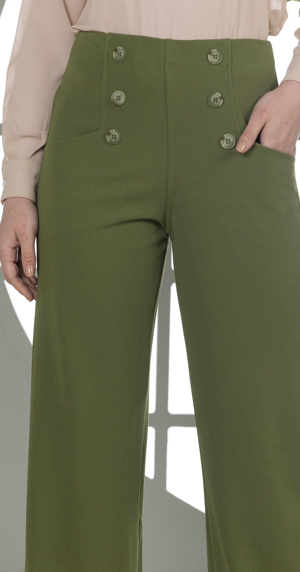 High-Waist Wide-Leg Pants- Double row of decorative buttons-Olive Green
