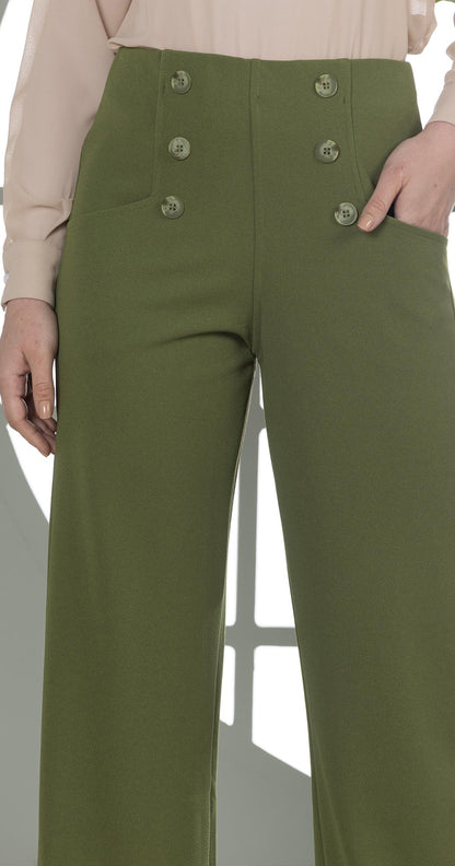 High-Waist Wide-Leg Pants- Double row of decorative buttons-Olive Green